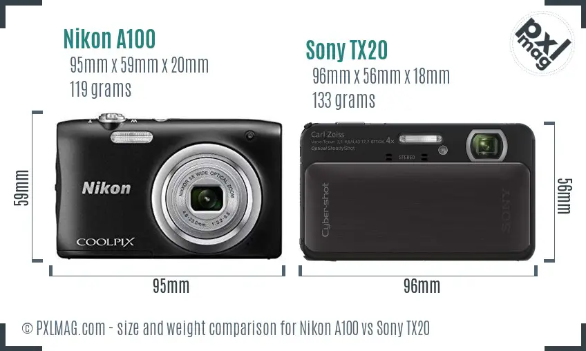 Nikon A100 vs Sony TX20 size comparison