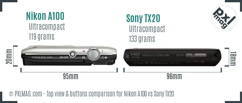 Nikon A100 vs Sony TX20 top view buttons comparison