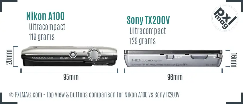Nikon A100 vs Sony TX200V top view buttons comparison