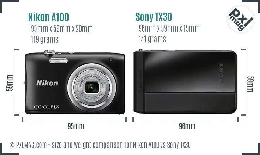 Nikon A100 vs Sony TX30 size comparison