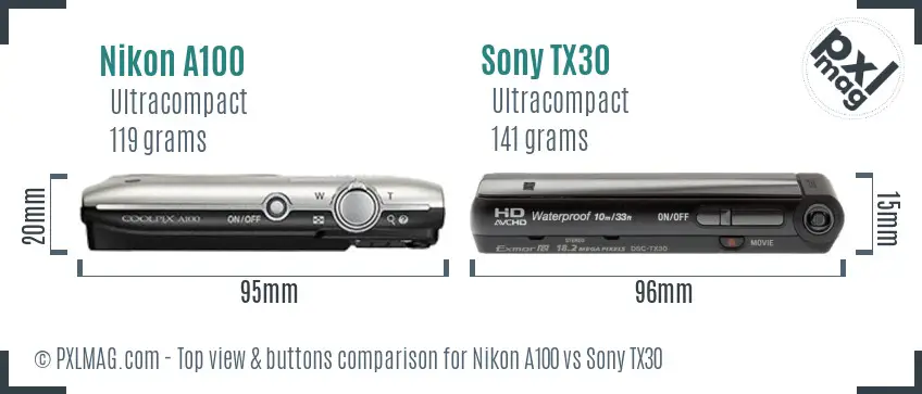 Nikon A100 vs Sony TX30 top view buttons comparison