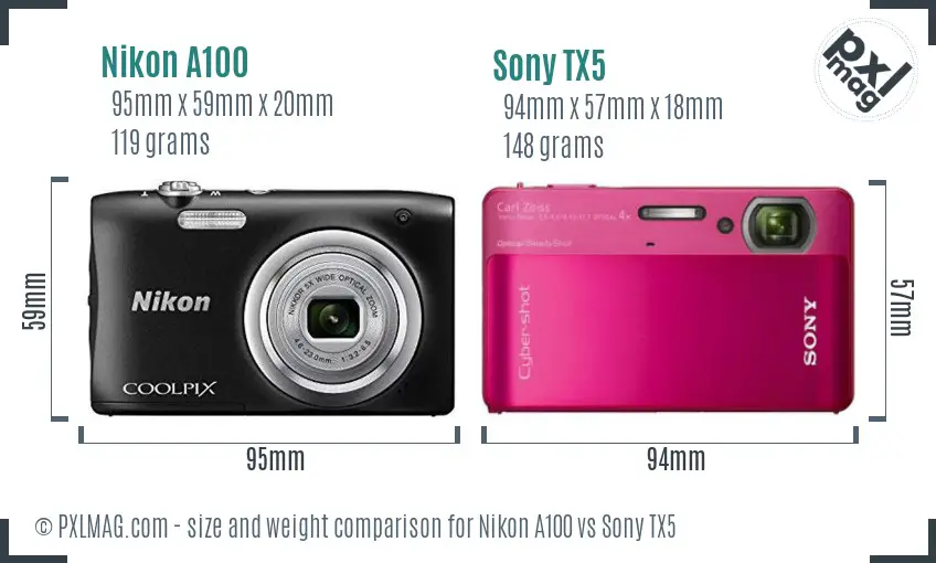 Nikon A100 vs Sony TX5 size comparison
