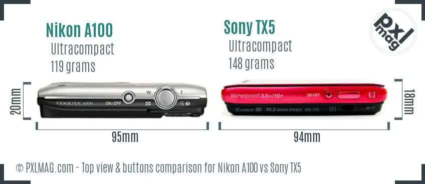 Nikon A100 vs Sony TX5 top view buttons comparison