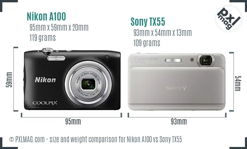 Nikon A100 vs Sony TX55 size comparison