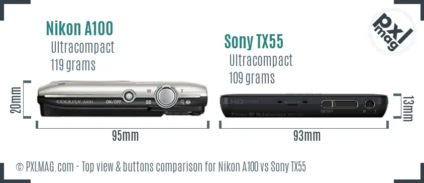 Nikon A100 vs Sony TX55 top view buttons comparison