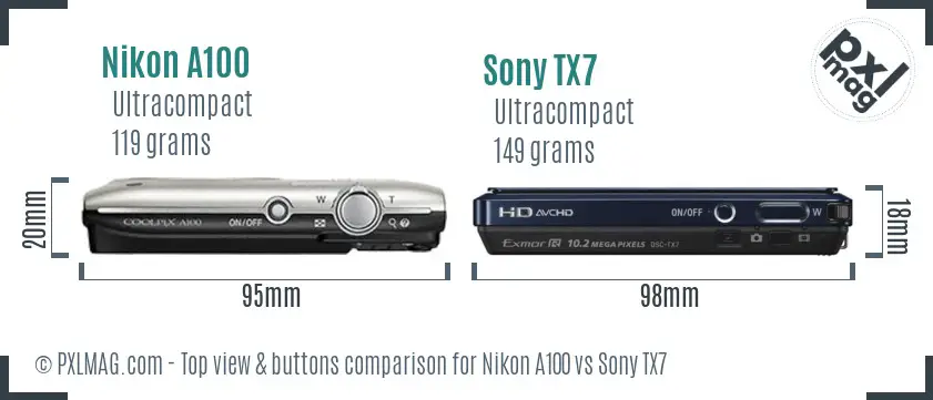 Nikon A100 vs Sony TX7 top view buttons comparison