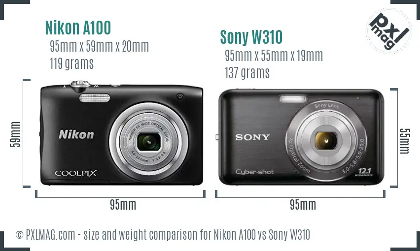 Nikon A100 vs Sony W310 size comparison