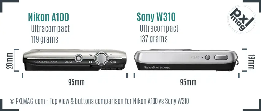 Nikon A100 vs Sony W310 top view buttons comparison