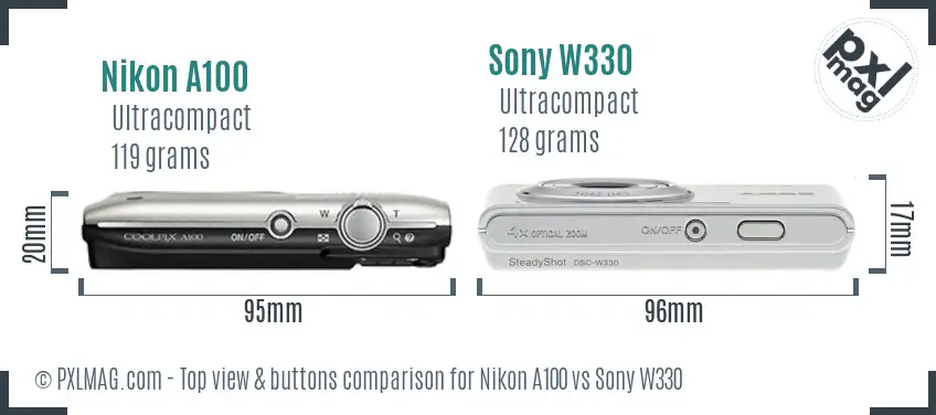 Nikon A100 vs Sony W330 top view buttons comparison