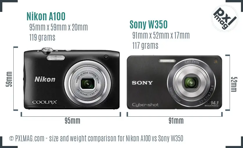 Nikon A100 vs Sony W350 size comparison