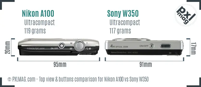 Nikon A100 vs Sony W350 top view buttons comparison