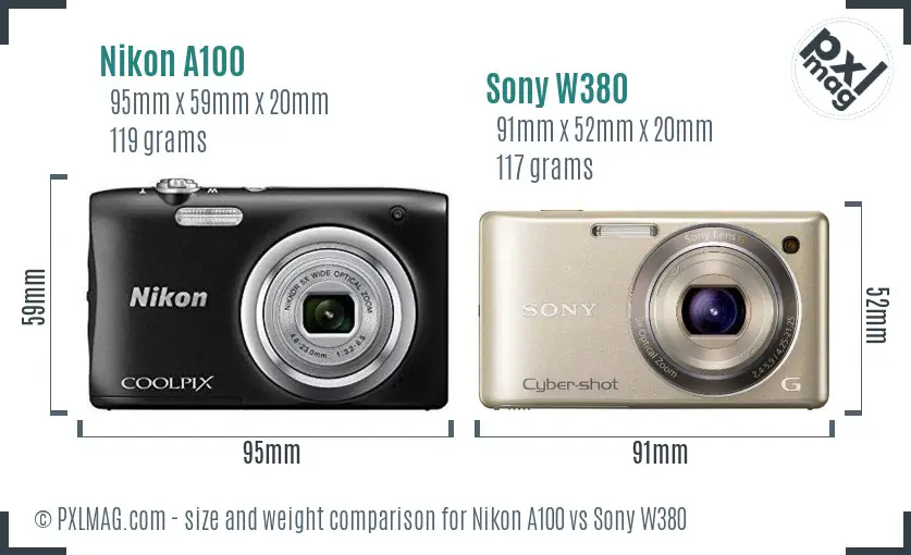 Nikon A100 vs Sony W380 size comparison