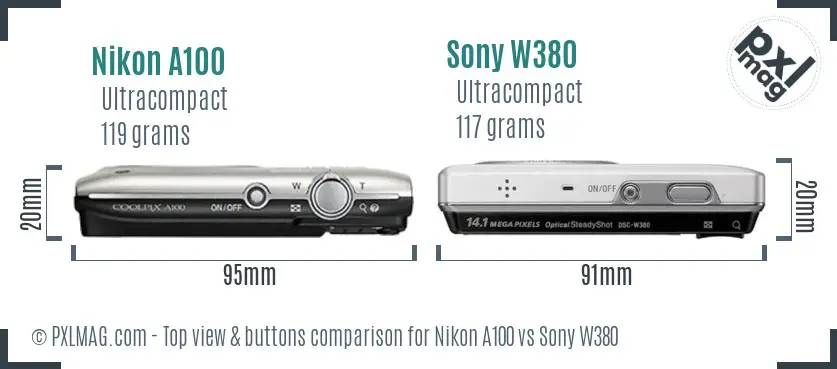 Nikon A100 vs Sony W380 top view buttons comparison