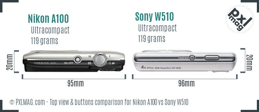 Nikon A100 vs Sony W510 top view buttons comparison
