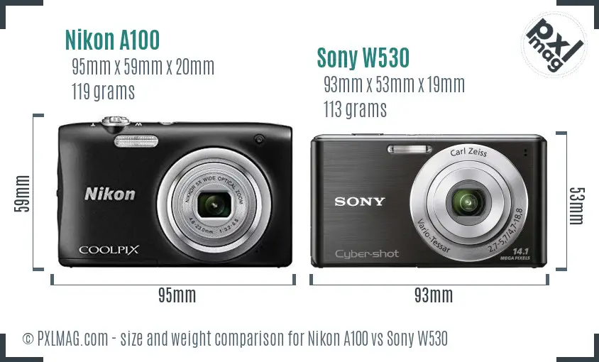 Nikon A100 vs Sony W530 size comparison