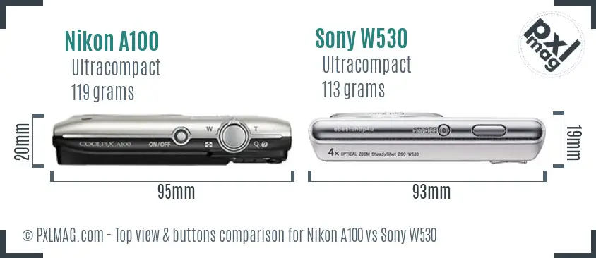 Nikon A100 vs Sony W530 top view buttons comparison