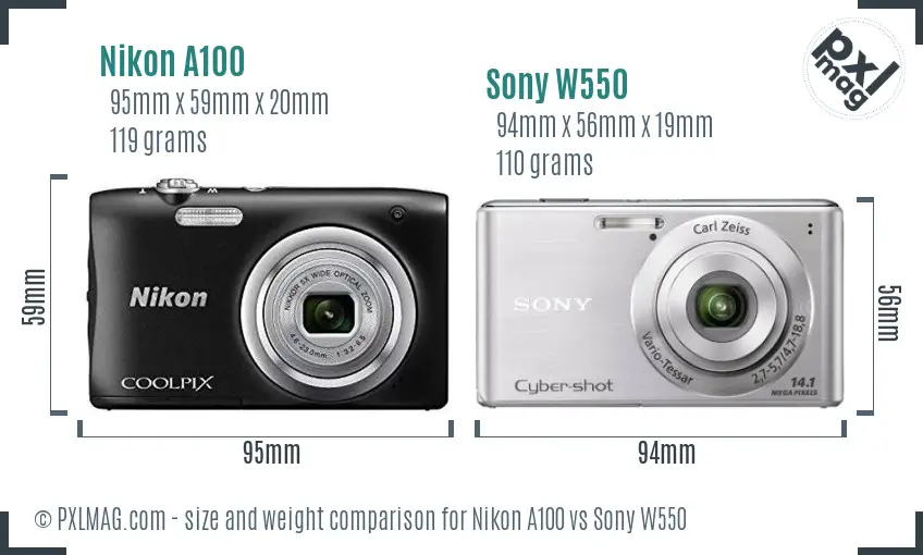 Nikon A100 vs Sony W550 size comparison