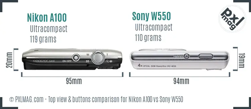 Nikon A100 vs Sony W550 top view buttons comparison