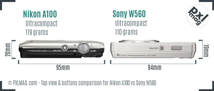 Nikon A100 vs Sony W560 top view buttons comparison Nikon A100 vs Sony W560 top view buttons comparison