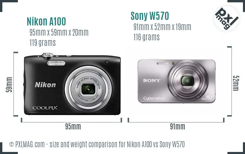 Nikon A100 vs Sony W570 size comparison