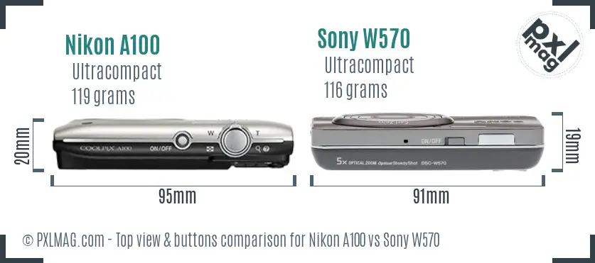 Nikon A100 vs Sony W570 top view buttons comparison