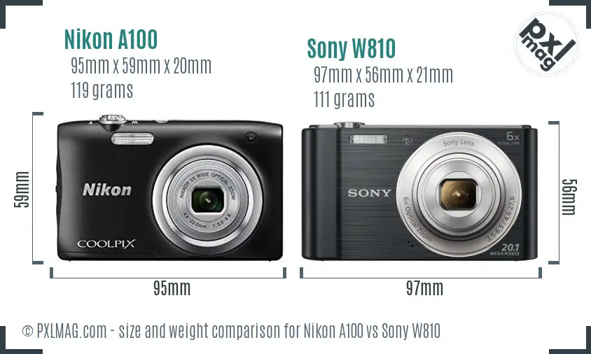 Nikon A100 vs Sony W810 size comparison