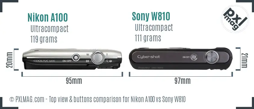 Nikon A100 vs Sony W810 top view buttons comparison