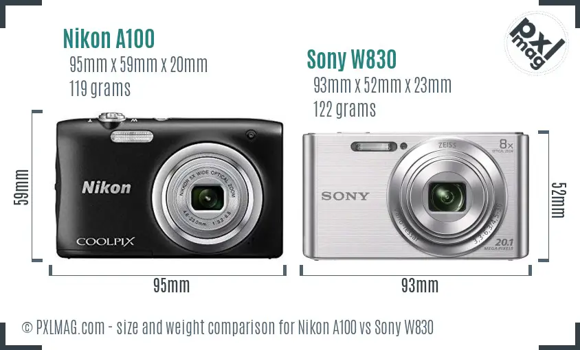 Nikon A100 vs Sony W830 size comparison