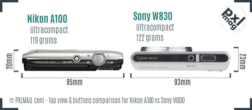 Nikon A100 vs Sony W830 top view buttons comparison