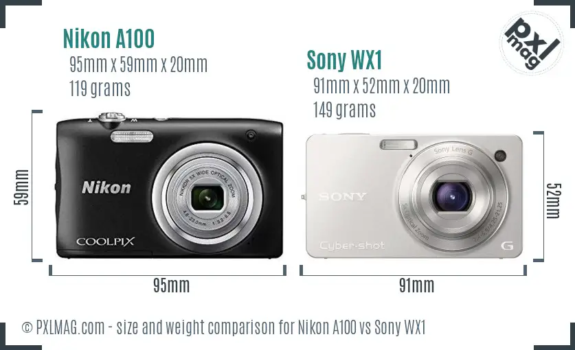 Nikon A100 vs Sony WX1 size comparison