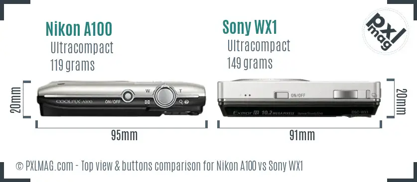 Nikon A100 vs Sony WX1 top view buttons comparison