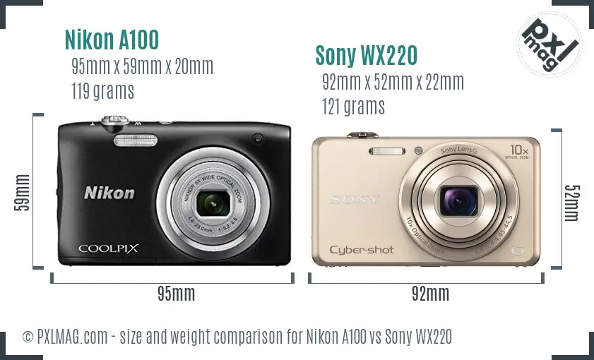Nikon A100 vs Sony WX220 size comparison