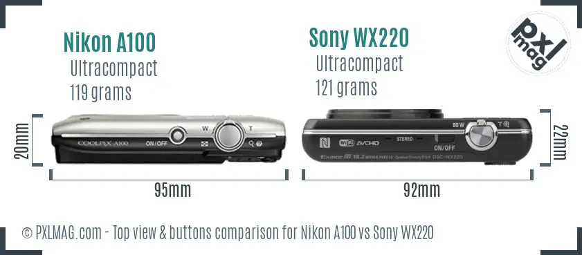 Nikon A100 vs Sony WX220 top view buttons comparison
