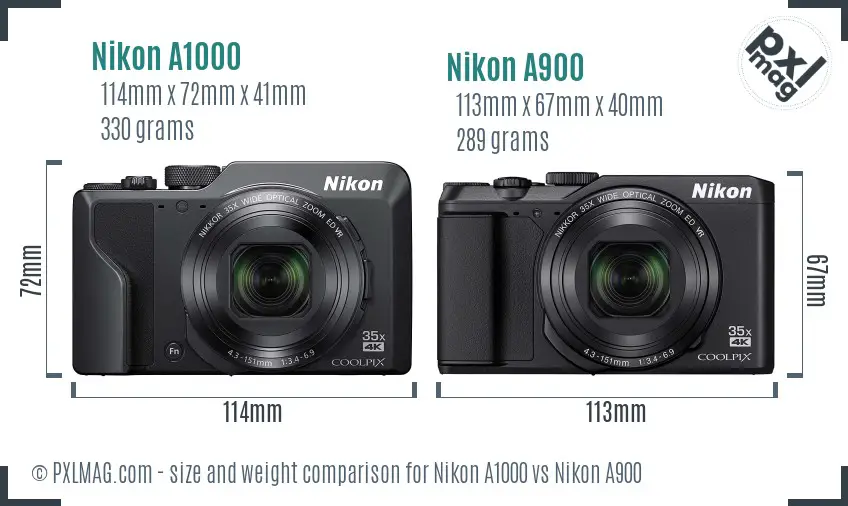 Nikon A1000 vs Nikon A900 size comparison