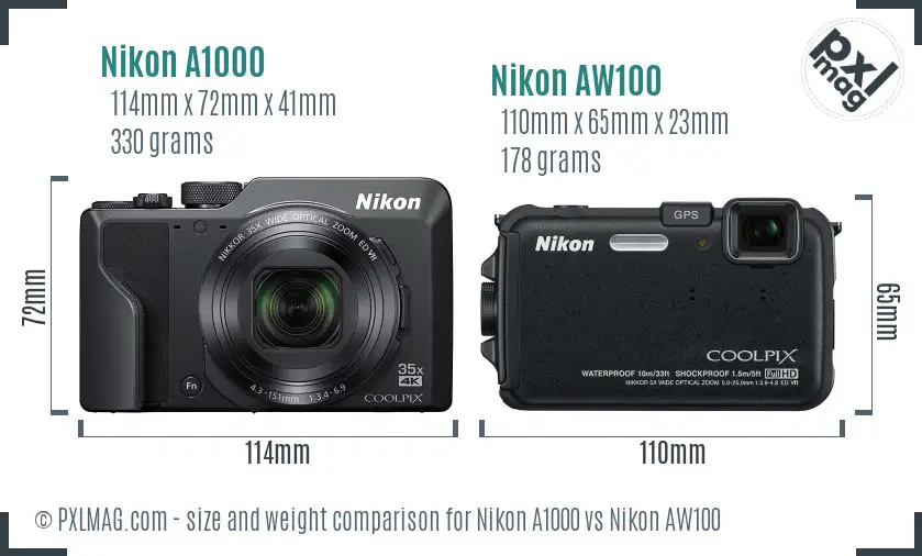 Nikon A1000 vs Nikon AW100 size comparison