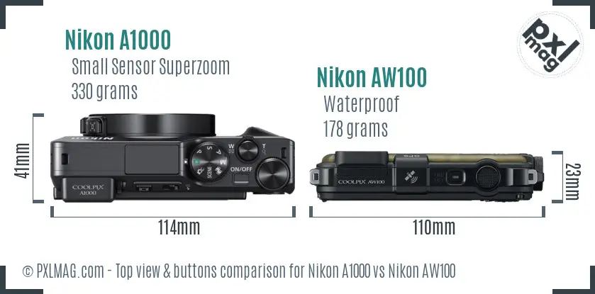 Nikon A1000 vs Nikon AW100 top view buttons comparison