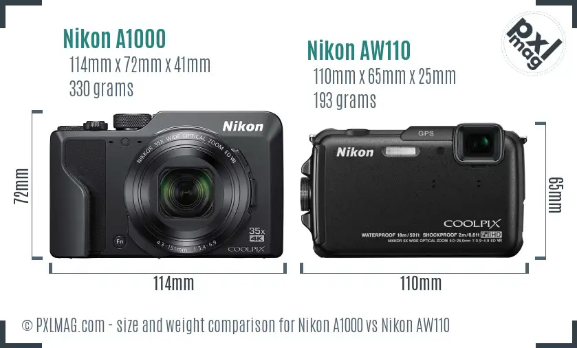 Nikon A1000 vs Nikon AW110 size comparison