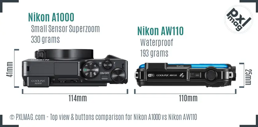 Nikon A1000 vs Nikon AW110 top view buttons comparison