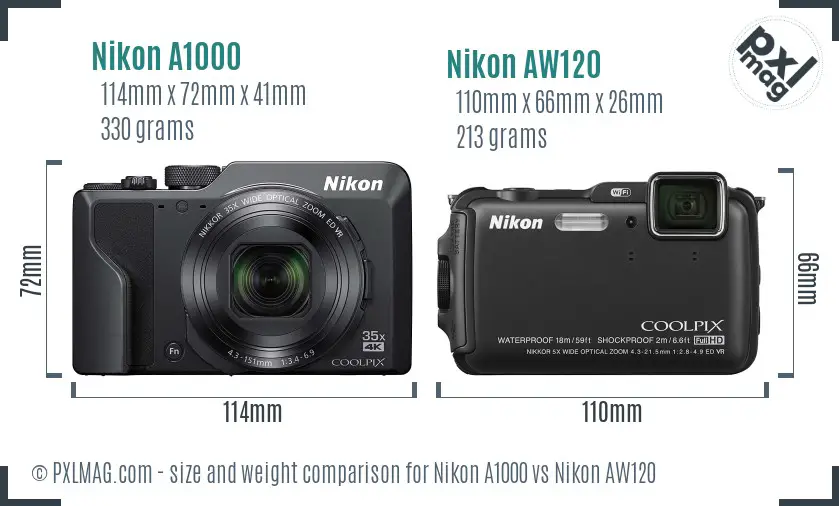 Nikon A1000 vs Nikon AW120 size comparison