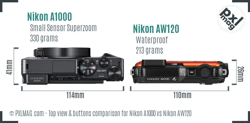 Nikon A1000 vs Nikon AW120 top view buttons comparison