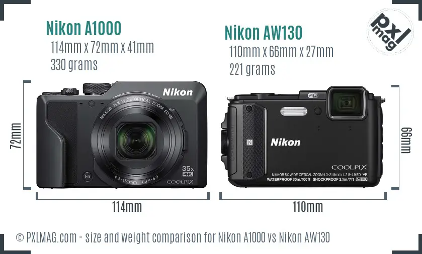 Nikon A1000 vs Nikon AW130 size comparison