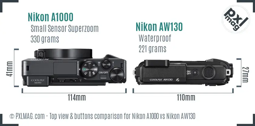 Nikon A1000 vs Nikon AW130 top view buttons comparison