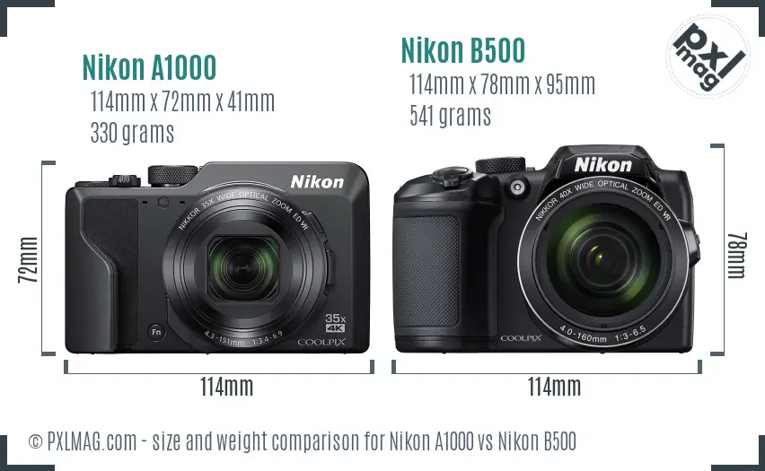 Nikon A1000 vs Nikon B500 size comparison