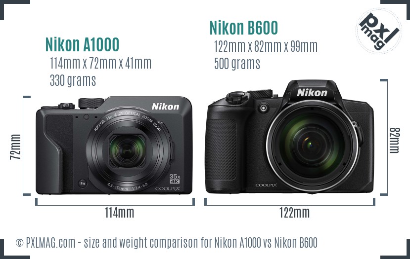 Nikon A1000 vs Nikon B600 size comparison