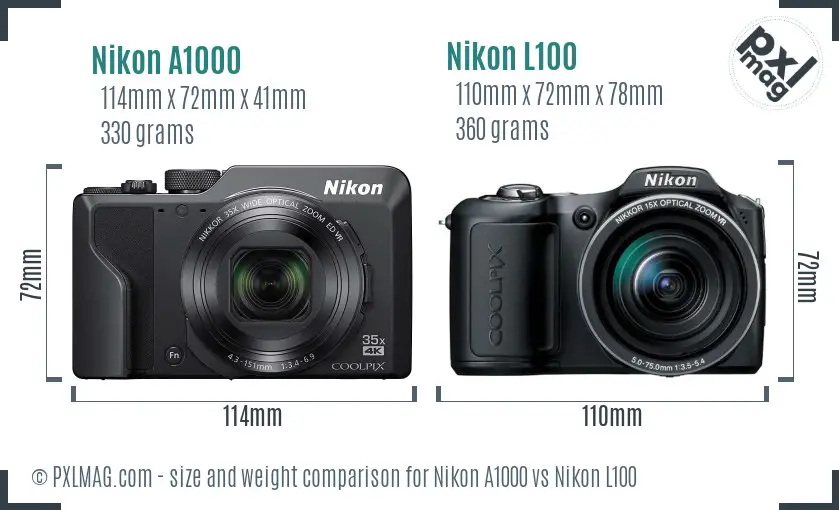 Nikon A1000 vs Nikon L100 size comparison