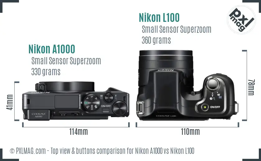 Nikon A1000 vs Nikon L100 top view buttons comparison