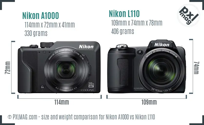 Nikon A1000 vs Nikon L110 size comparison