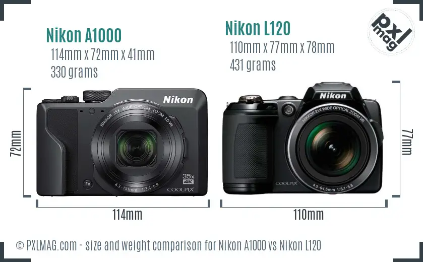 Nikon A1000 vs Nikon L120 size comparison
