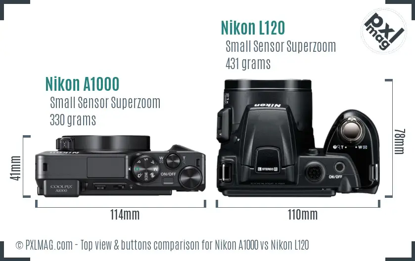 Nikon A1000 vs Nikon L120 top view buttons comparison