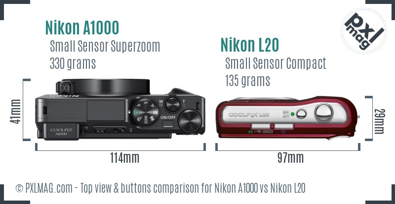 Nikon A1000 vs Nikon L20 top view buttons comparison